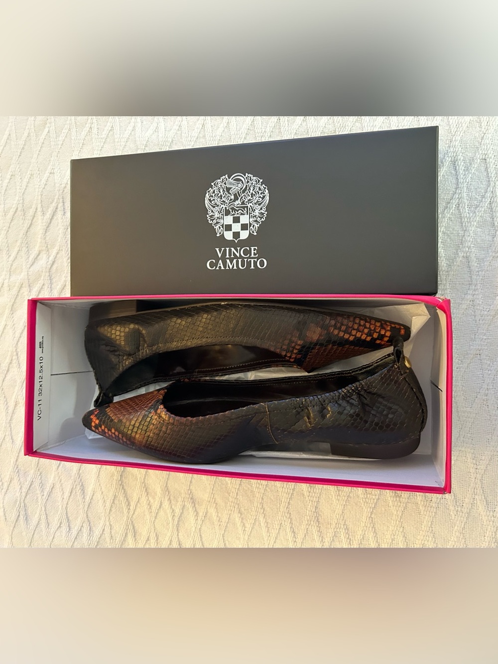 Vince Camuto Iridescent Snake-Print Ballet Flats in Black and Copper